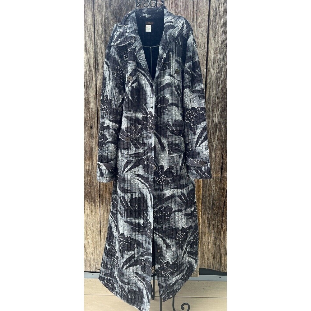 Ubu Women's XL Jacket-Crinkle Fabric-black‎ White Foral Button Duster Artsy
